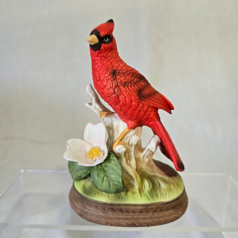 Homco Red Cardinal 1453 Porcelain Figurine Pink Dogwood 3.5" x 2.75" x 5"